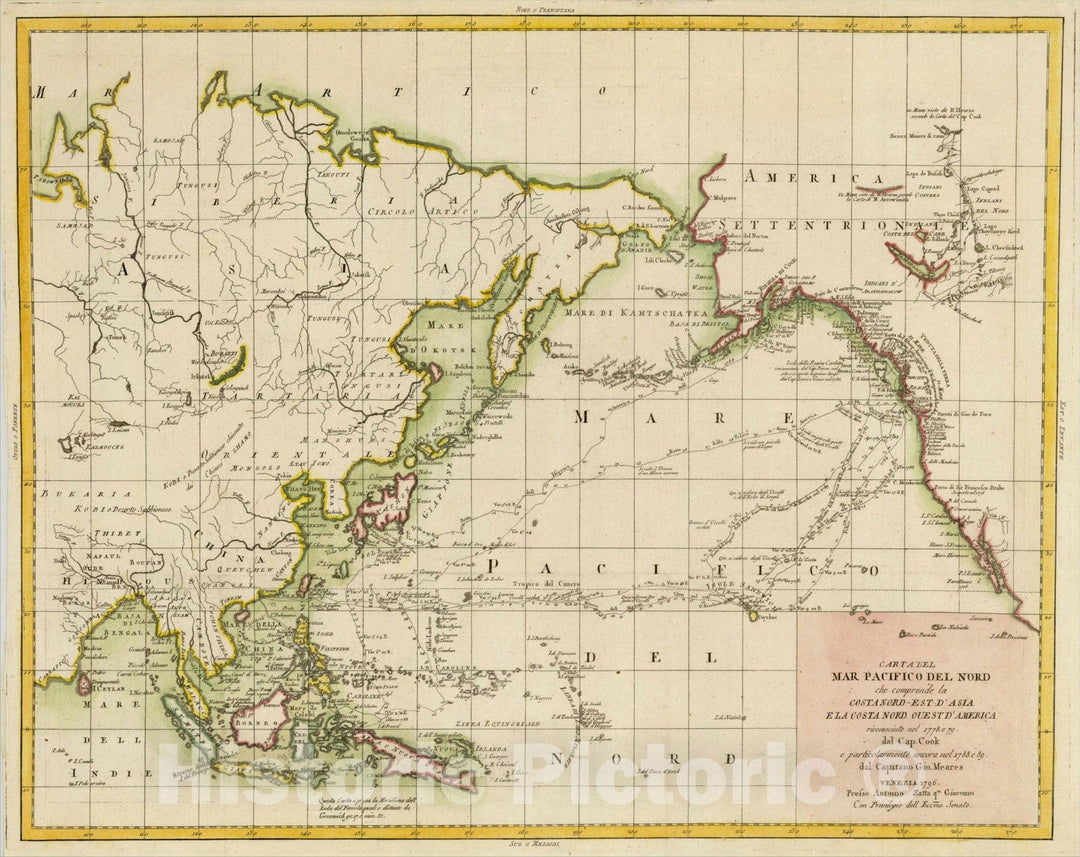 Historic Map : Carta Del Mar Pacifico Del Nord che comprende la Costanord-Est D'Asia e la Costanord Ouest D'America, 1796, 1796, Antonio Zatta, Vintage Wall Art