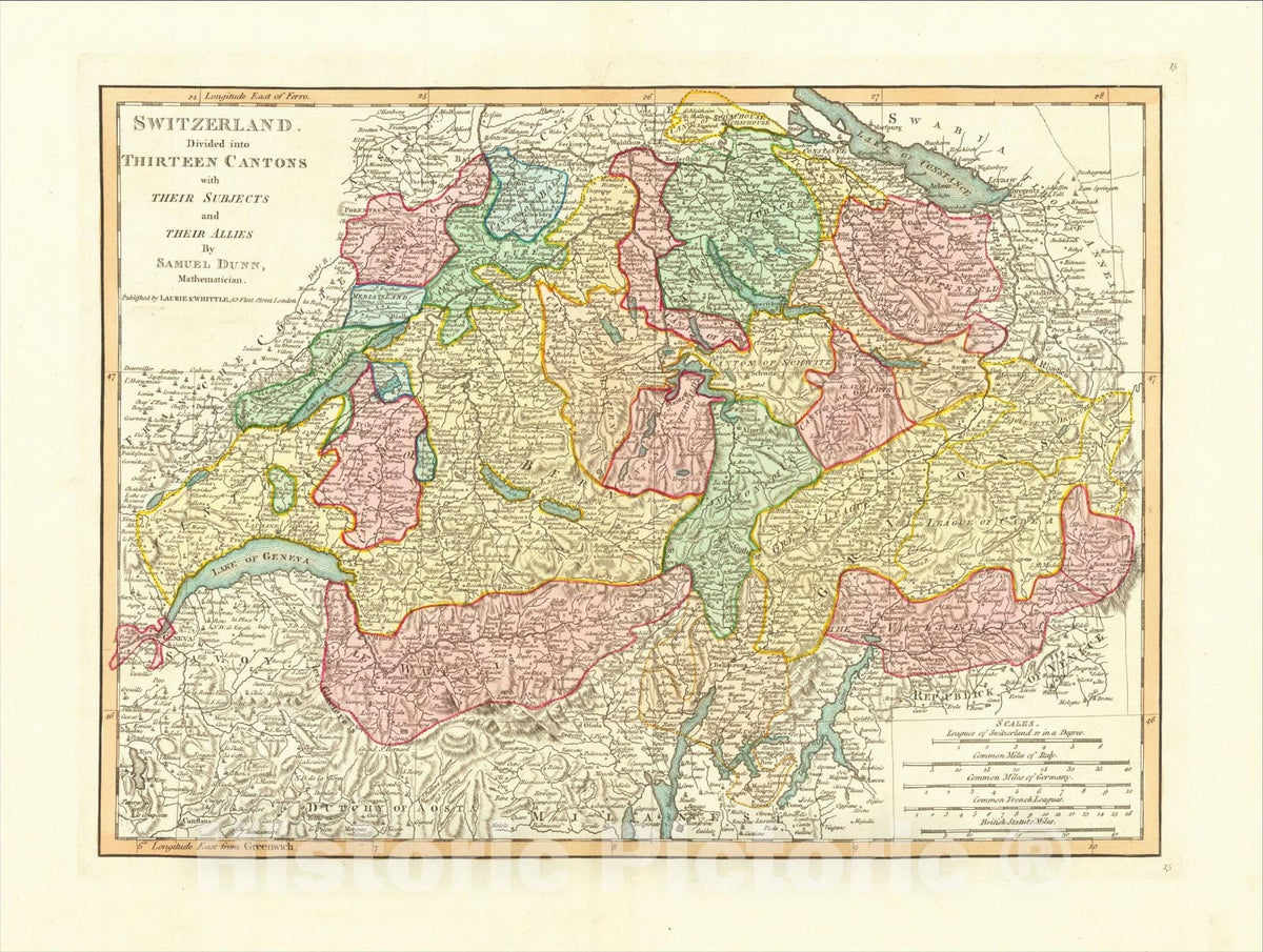Historic Map : Switzerland Divided into Thirteen Cantons With Their Subjects & Their Allies by Samuel Dunn, 1794, Laurie & Whittle, Vintage Wall Art