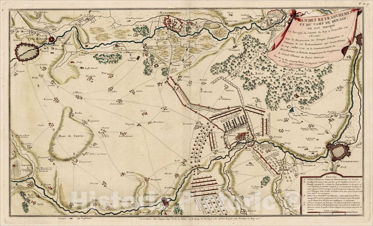 Historic Map : Plan Des Retranchemens et Du Camp Den Ain ou est marque Le Passage de l'Armie du Roy a Neuville, 1715, Nicolas de Fer, Vintage Wall Art