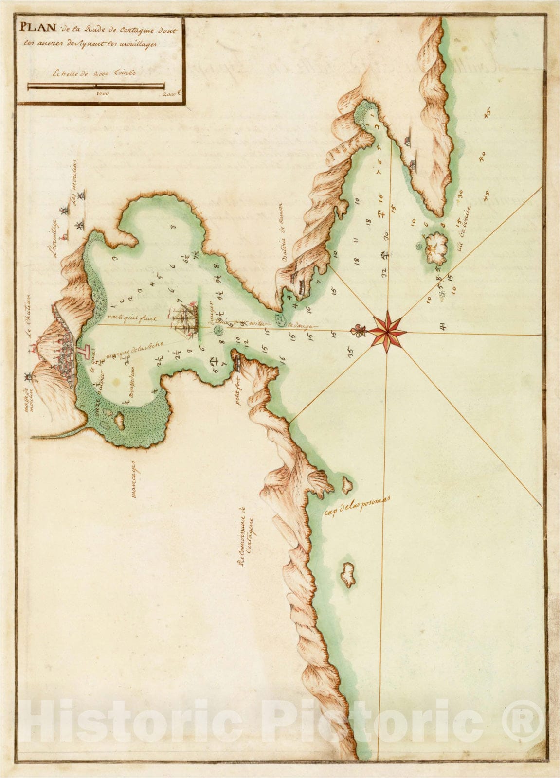 Historic Map : Plan de la Rade de Cartagene don les aneres? de siquent les mouillages, c1756, , Vintage Wall Art