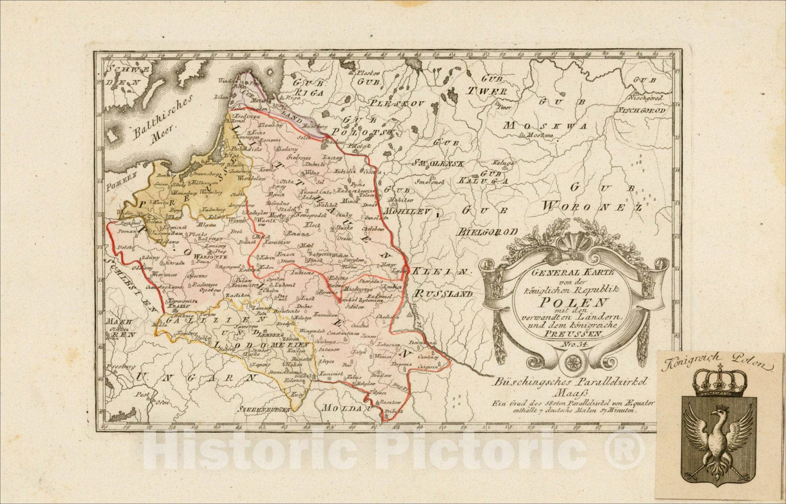 Historic Map : General Karte von der Koniglichen Republik Polen mit den verwandt en Landern und dem konigreiche Preussen, 1789, Franz Johann Joseph von Reilly, Vintage Wall Art