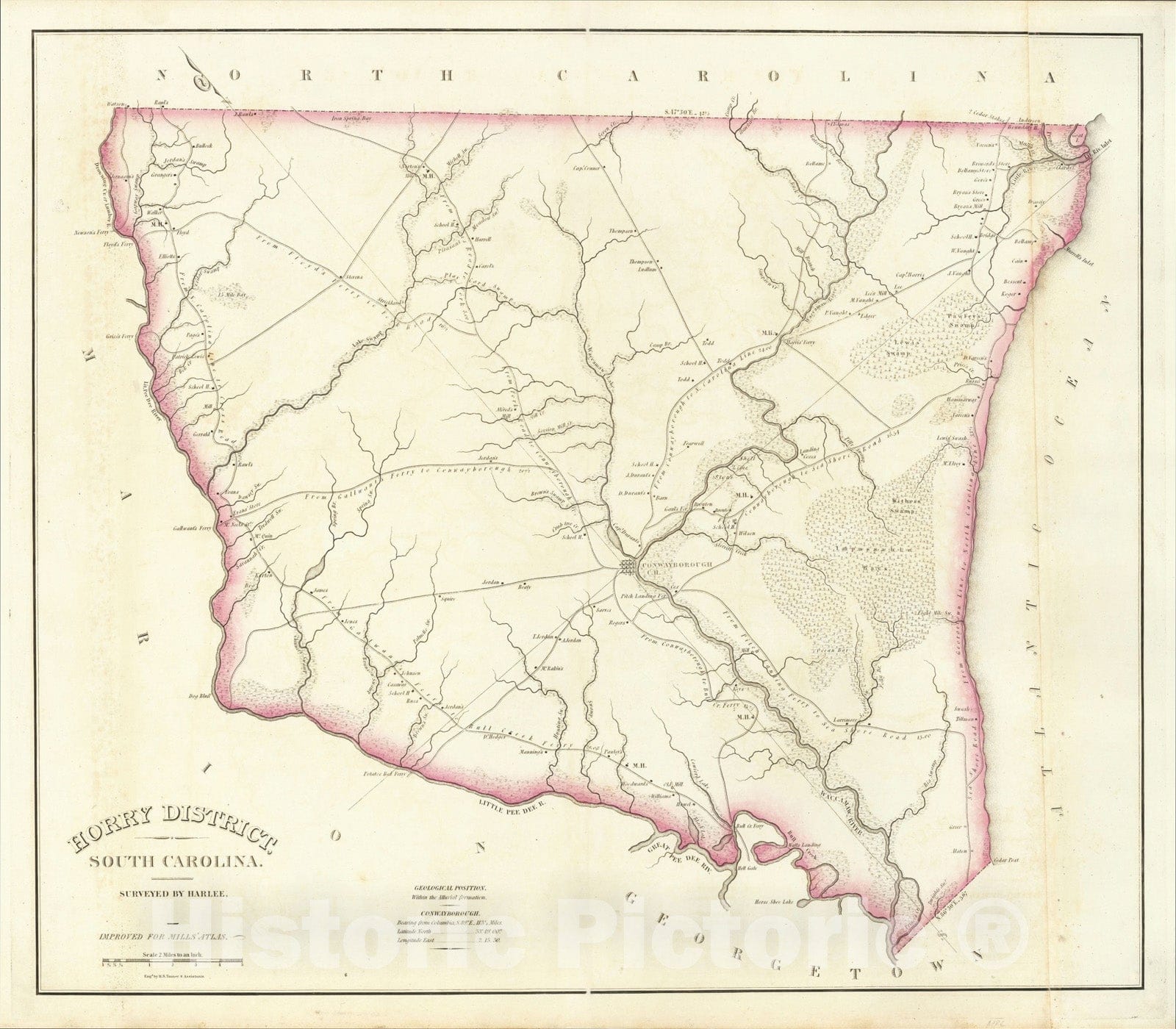 Historic Map : Horry District, South Carolina. Surveyed by Harlee. Improved for Mills' Atlas., 1825, Robert Mills, Vintage Wall Art