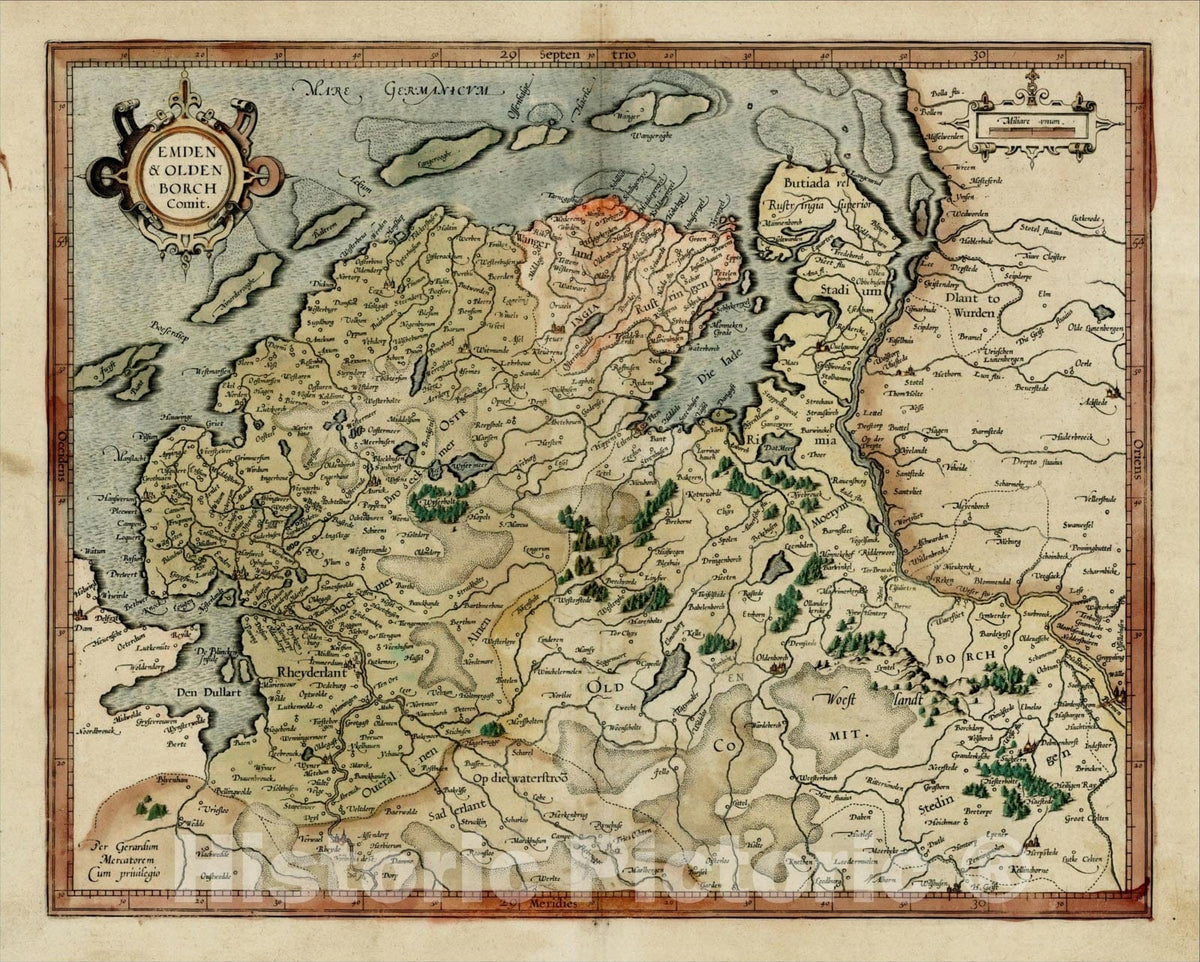 Historic Map : Emden & Oldenborch Comit (gold highlights), 1595, Gerard Mercator, Vintage Wall Art