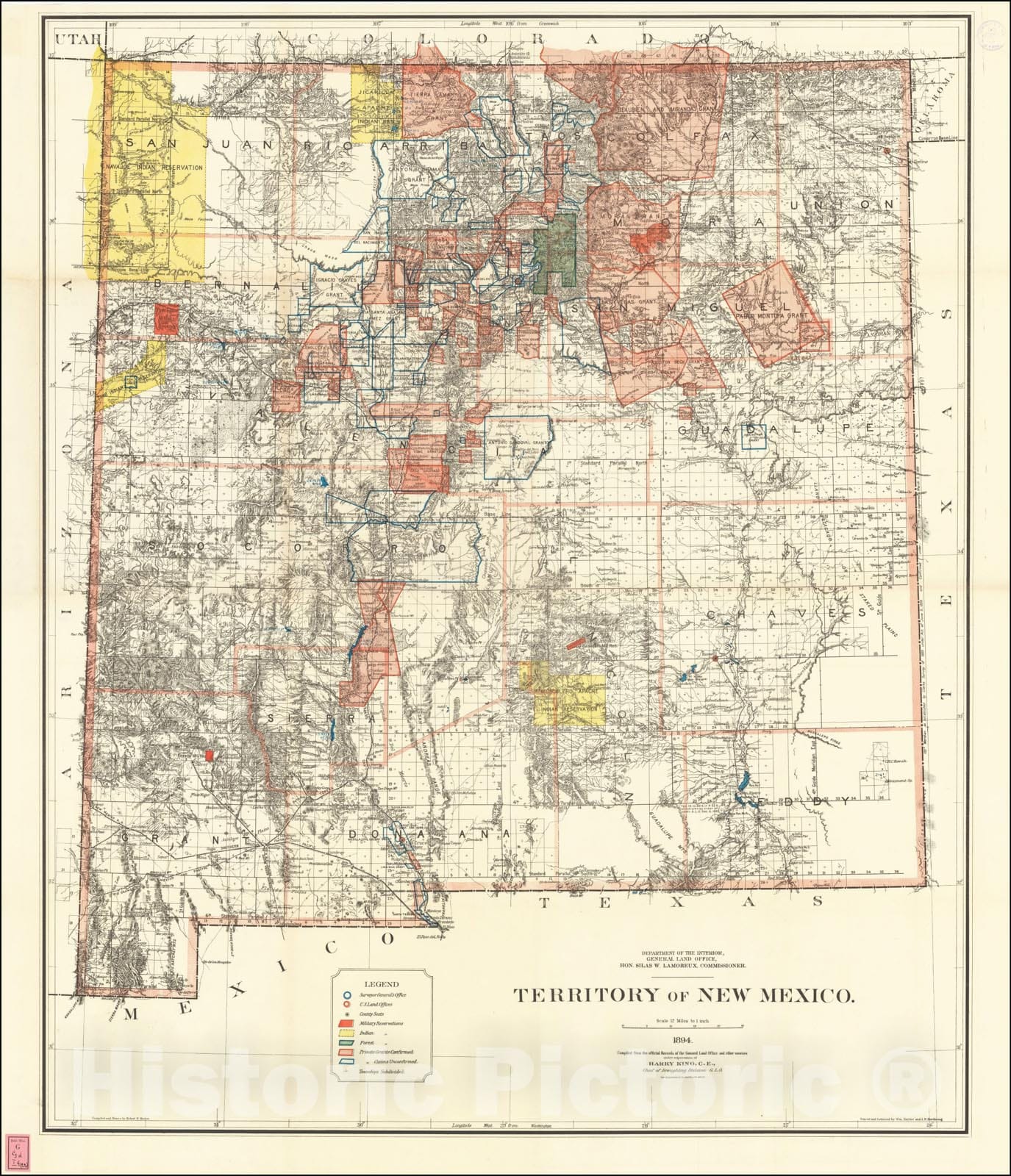 Historic Map : Territory of New Mexico, .1894. Compiled from the official Records of the General Land Office ., 1894, General Land Office, Vintage Wall Art