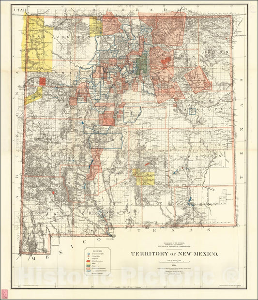Historic Map : Territory of New Mexico, .1894. Compiled from the official Records of the General Land Office ., 1894, General Land Office, Vintage Wall Art