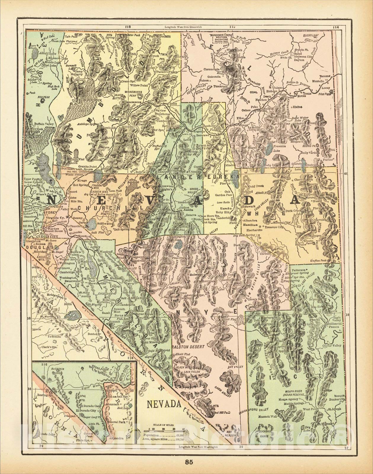 Historic Map : Nevada, 1892, George F. Cram, Vintage Wall Art