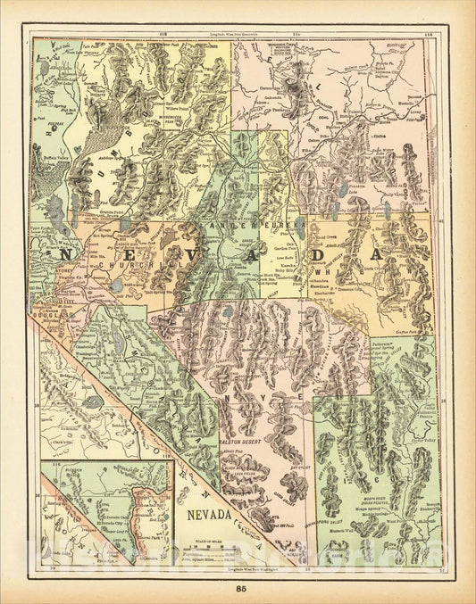 Historic Map : Nevada, 1892, George F. Cram, Vintage Wall Art