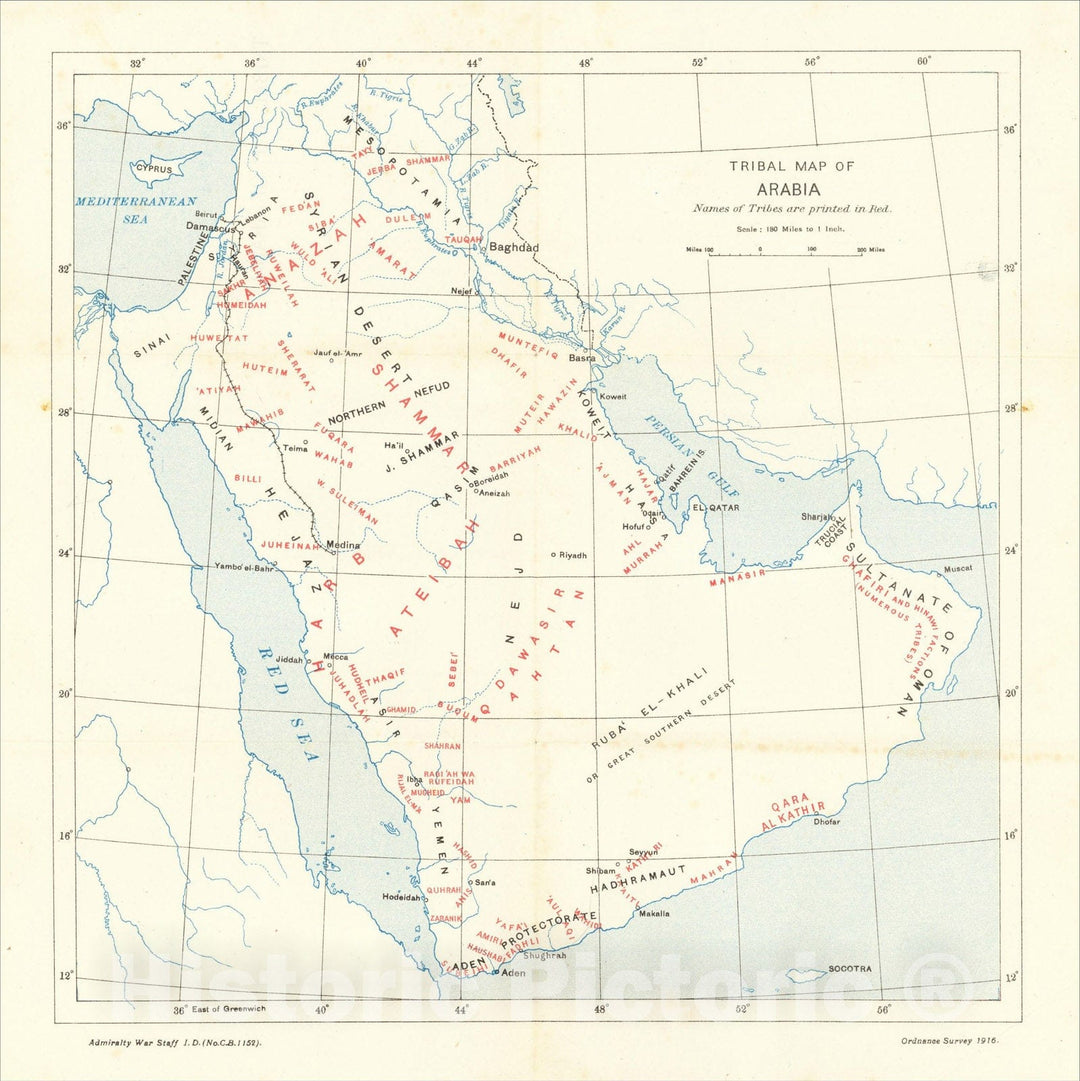 Historic Map : Tribal Map of Arabia with Arabia Districts and Towns with Arabia Orographical, 1916, Admiralty War Staff Intelligence Division, Vintage Wall Art
