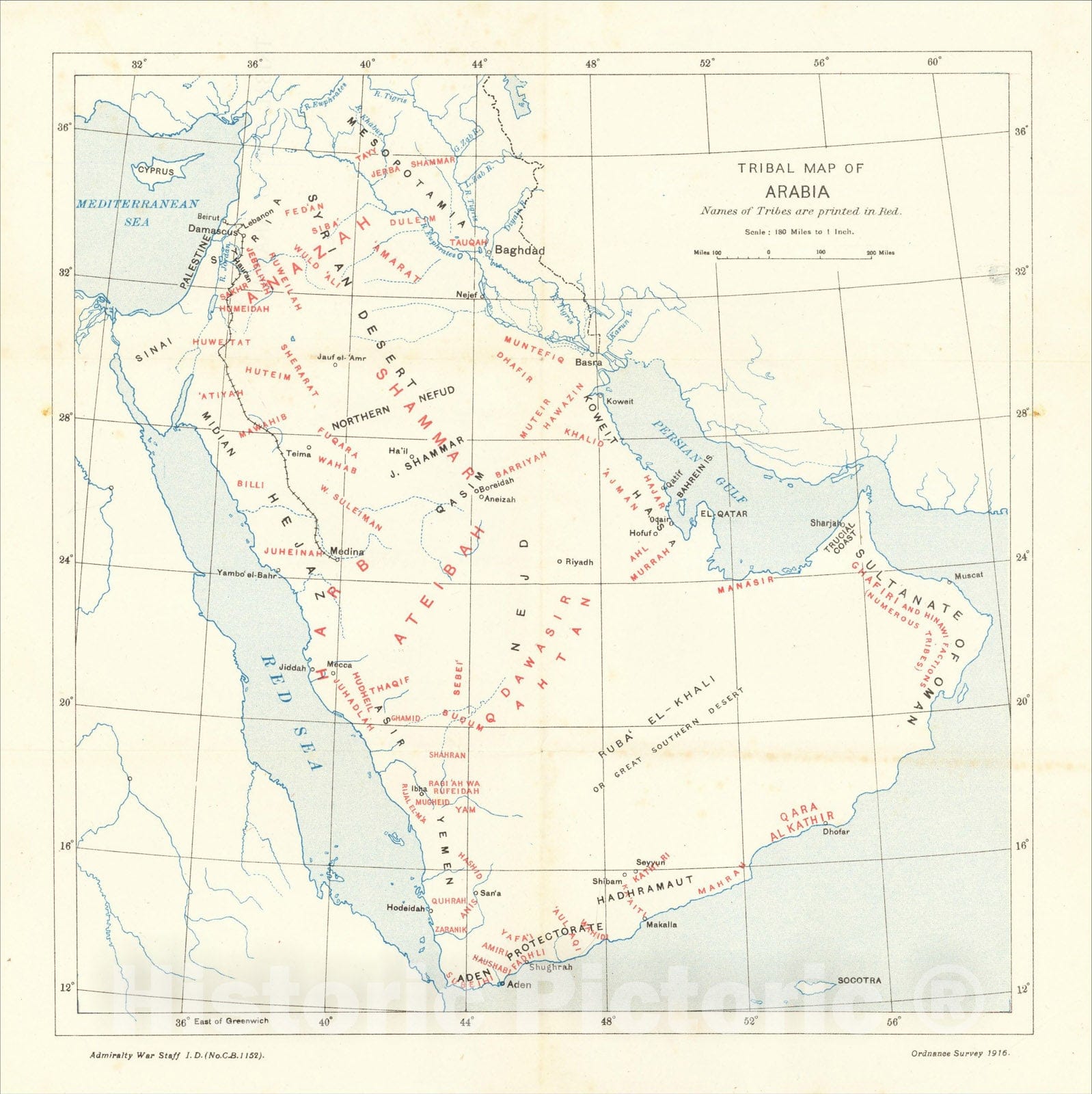 Historic Map : Tribal Map of Arabia with Arabia Districts and Towns with Arabia Orographical, 1916, Admiralty War Staff Intelligence Division, Vintage Wall Art