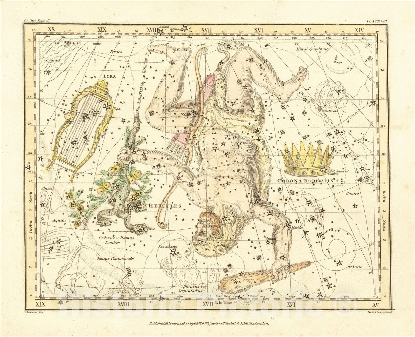 Historic Map : Corona Borealis, Hercules and Cereerus and Lyra, 1820, Alexander Jamieson, Vintage Wall Art