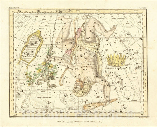 Historic Map : Corona Borealis, Hercules and Cereerus and Lyra, 1820, Alexander Jamieson, Vintage Wall Art