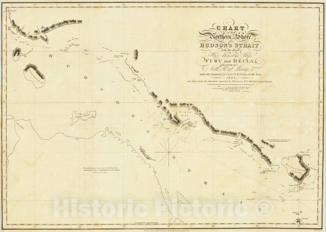 Historic Map : Chart of the Northern Shore of Hudson's Strait, with the Route of His Majesty's Ships Fury and Hecla, 1824, William Edward Parry, Vintage Wall Art