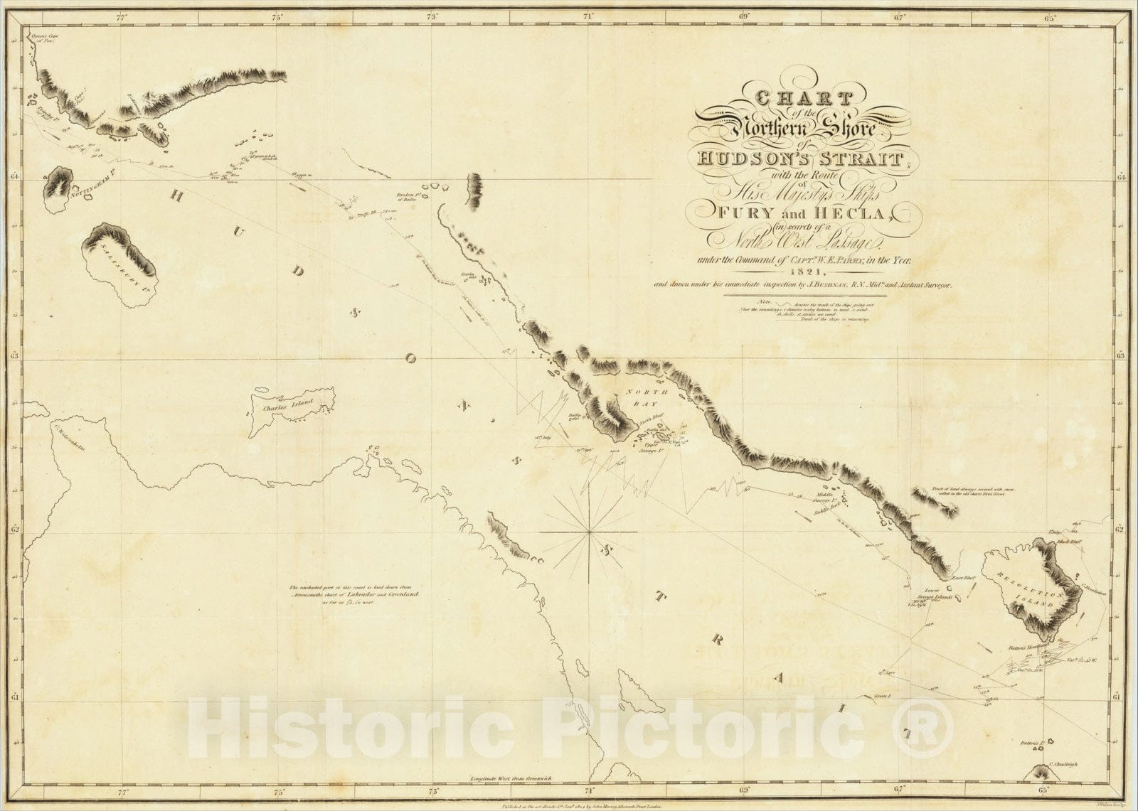 Historic Map : Chart of the Northern Shore of Hudson's Strait, with the Route of His Majesty's Ships Fury and Hecla, 1824, William Edward Parry, Vintage Wall Art