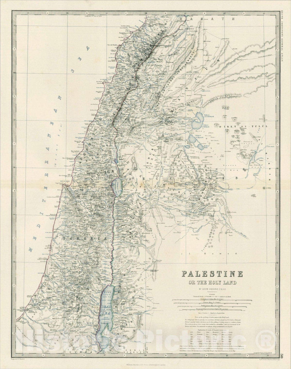 Historic Map : Palestine or the Holy Land, 1860, W. & A.K. Johnston, Vintage Wall Art