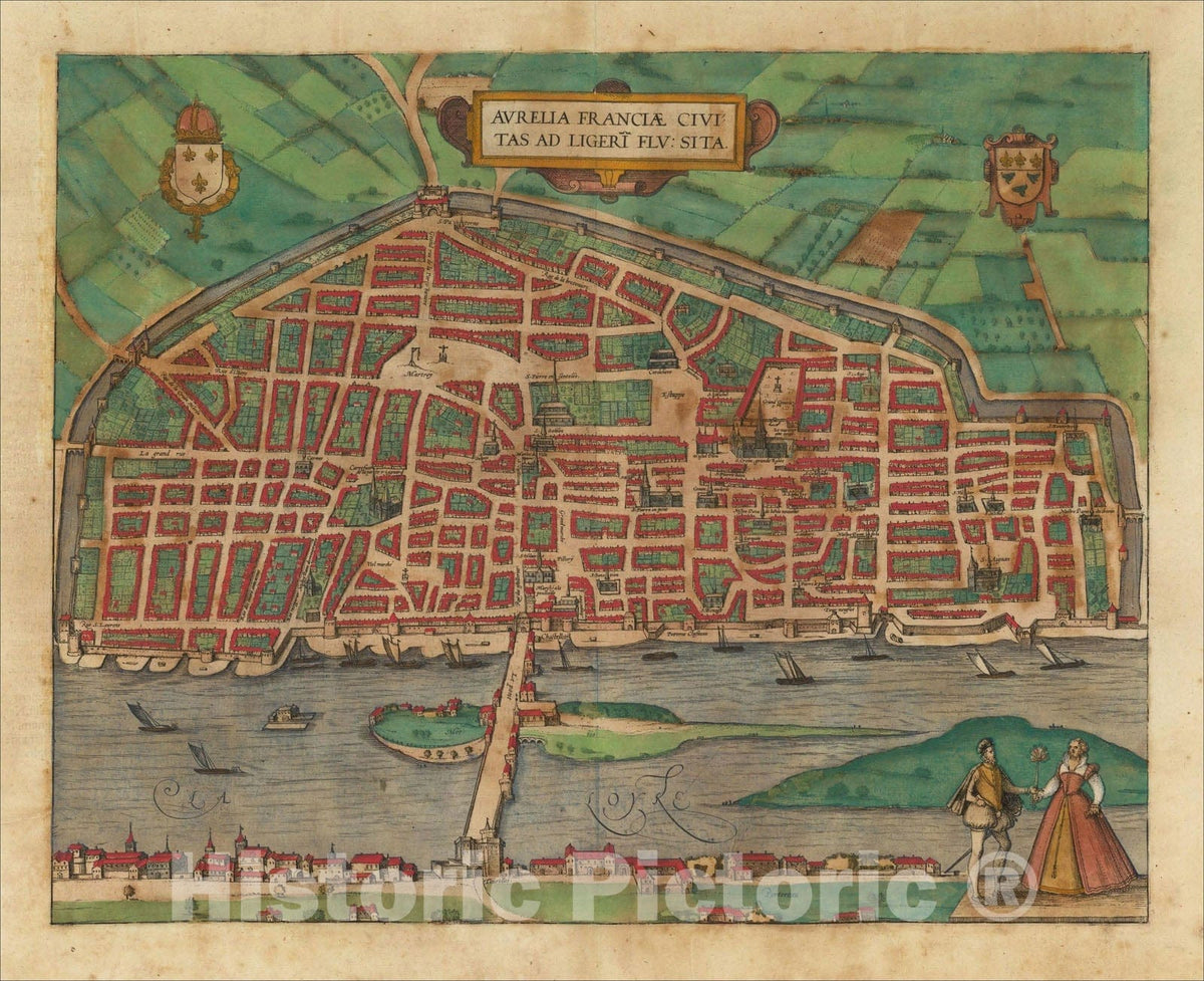 Historic Map : [Orleans] Aurelia Franciae Civitas Ad Kigeria Flu: Sita, 1581, Georg Braun, Vintage Wall Art
