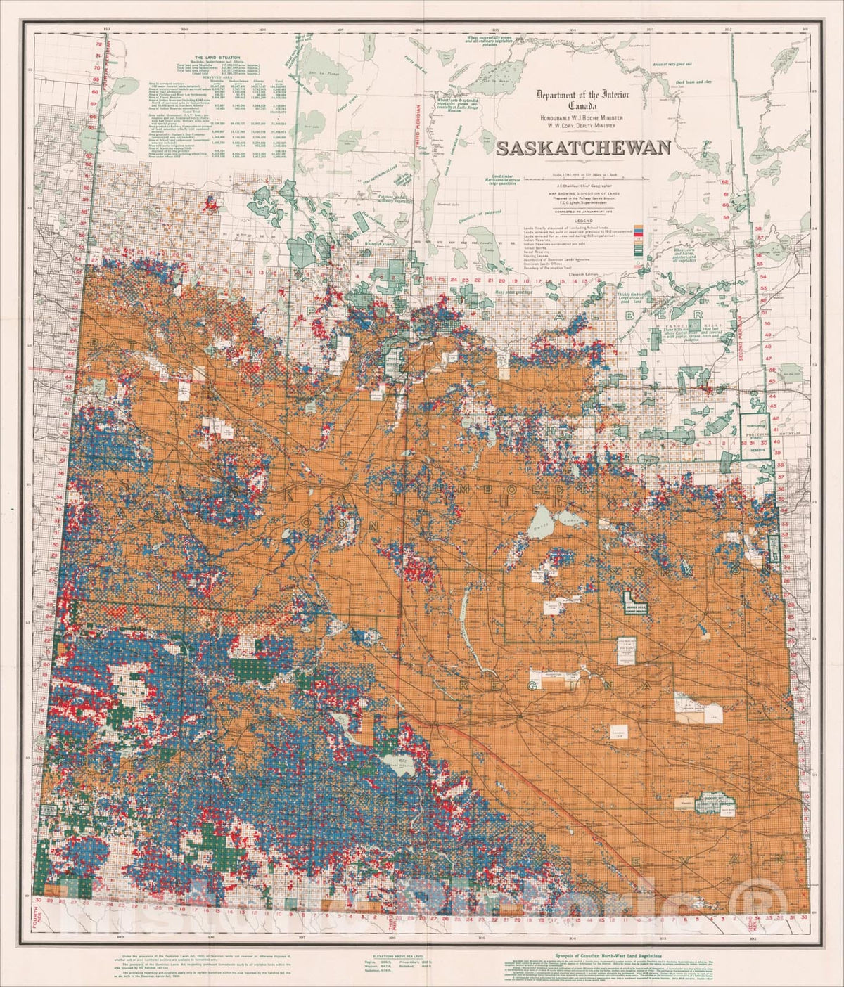Historic Map : Saskatchewan, Corrected to January 1st 1913., 1913, Canadian Department of the Interior, Vintage Wall Art