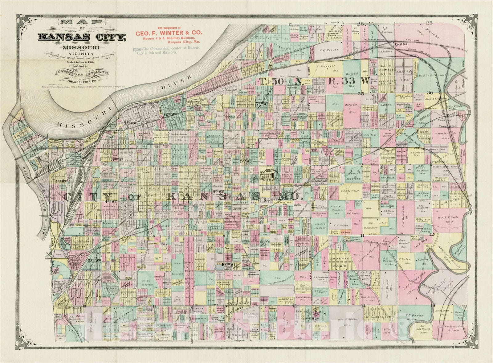 Historic Map : Map of Kansas City, Missouri and Vicinity. Compiled from Official Records and Actual Surveys., 1887, , Vintage Wall Art