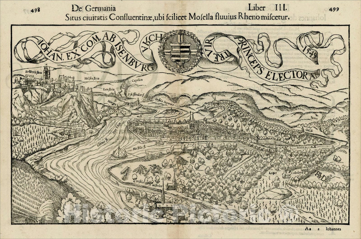 Historic Map : (Koblenz) Situs civitatis Confluentinae, ubi scilicet Mosella fluvius Rheno miscetur, c1570, Sebastian M?nster, Vintage Wall Art