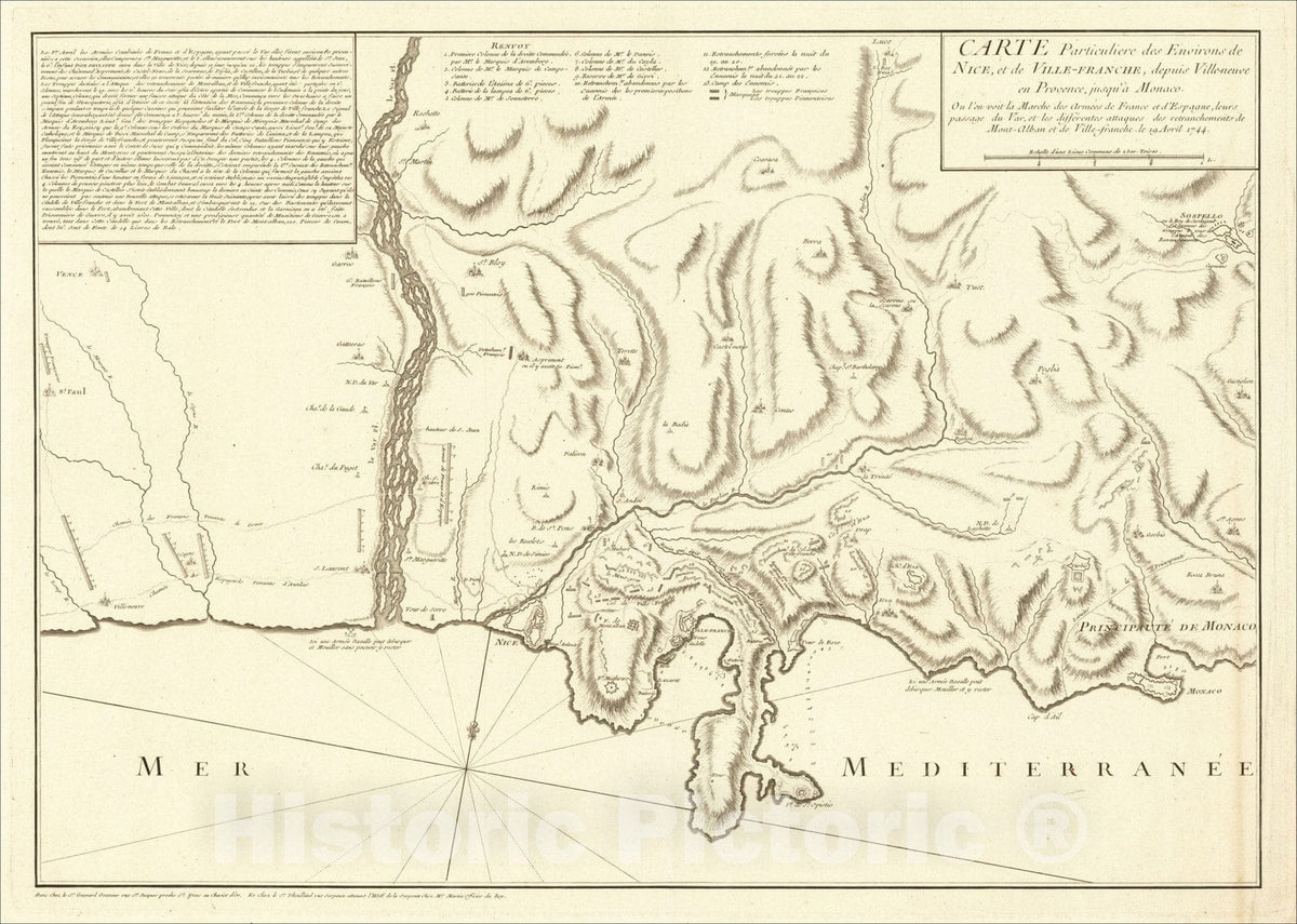Historic Map : Nice, Beaulieu-sur-Mer, Monaco, Carte Particuliere des Environs de Nice, et de Ville-Franche, 1744, Vintage Wall Art