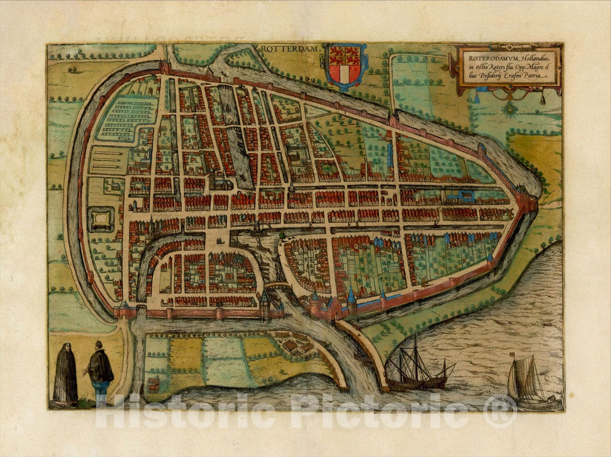 Historic Map : [Rotterdam] Roterodamum, Hollandiae in ostio Roteri Flu Opp. Magni il:lius Desiderij Erasmi Patria, 1580, Georg Braun, Vintage Wall Art