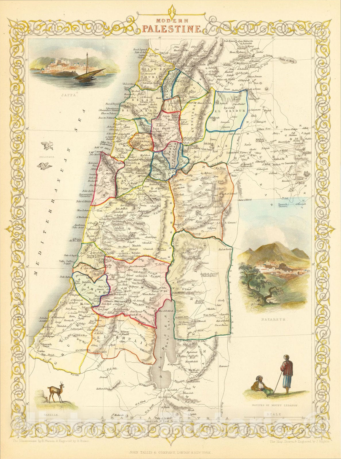 Historic Map : Modern Palestine, 1851, John Tallis, v1, Vintage Wall Art