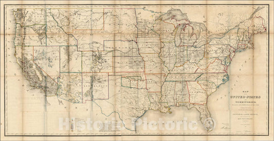 Historic Map : Map of the United States and Territories, 1866, U.S. General Land Office, Vintage Wall Art