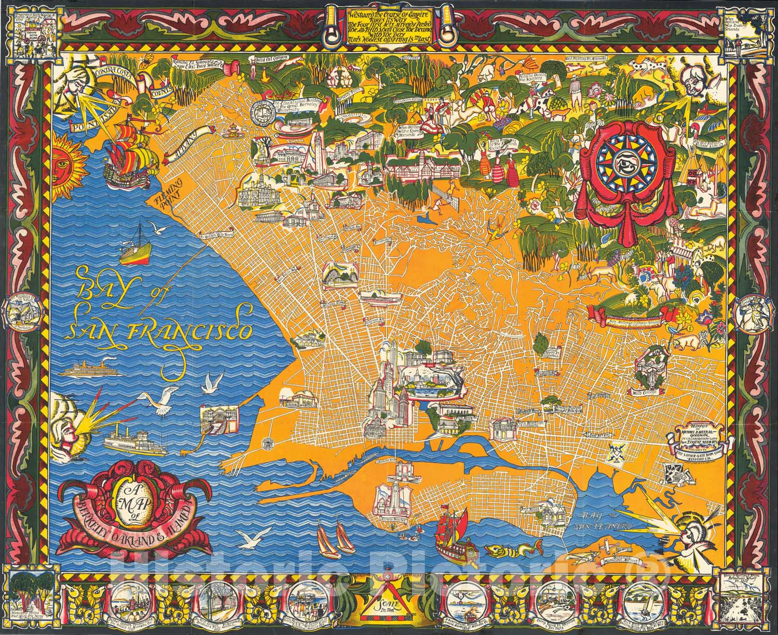 Historic Map : A Map of Berkeley, Oakland and Alameda, c1930, Eugene Neuhaus, Vintage Wall Art