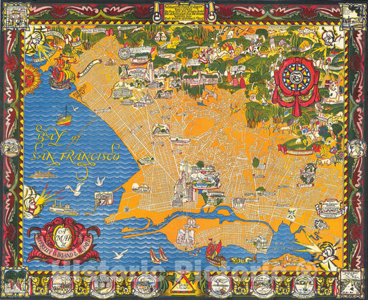 Historic Map : A Map of Berkeley, Oakland and Alameda, c1930, Eugene Neuhaus, Vintage Wall Art
