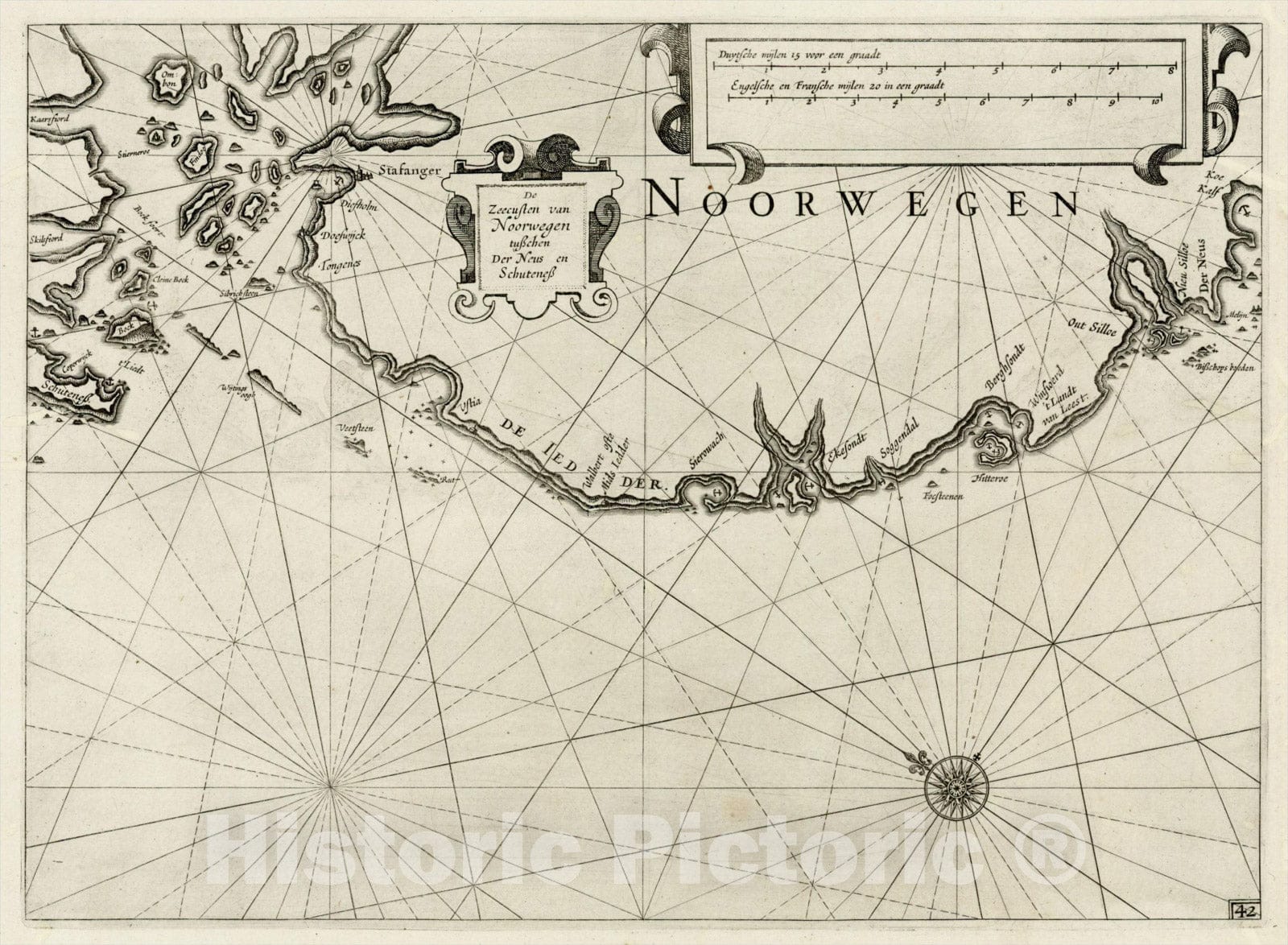 Historic Map : De Zeecusten van Noorwegen tusschen Der Neus en Schuteness, 1623, Willem Janszoon Blaeu, Vintage Wall Art