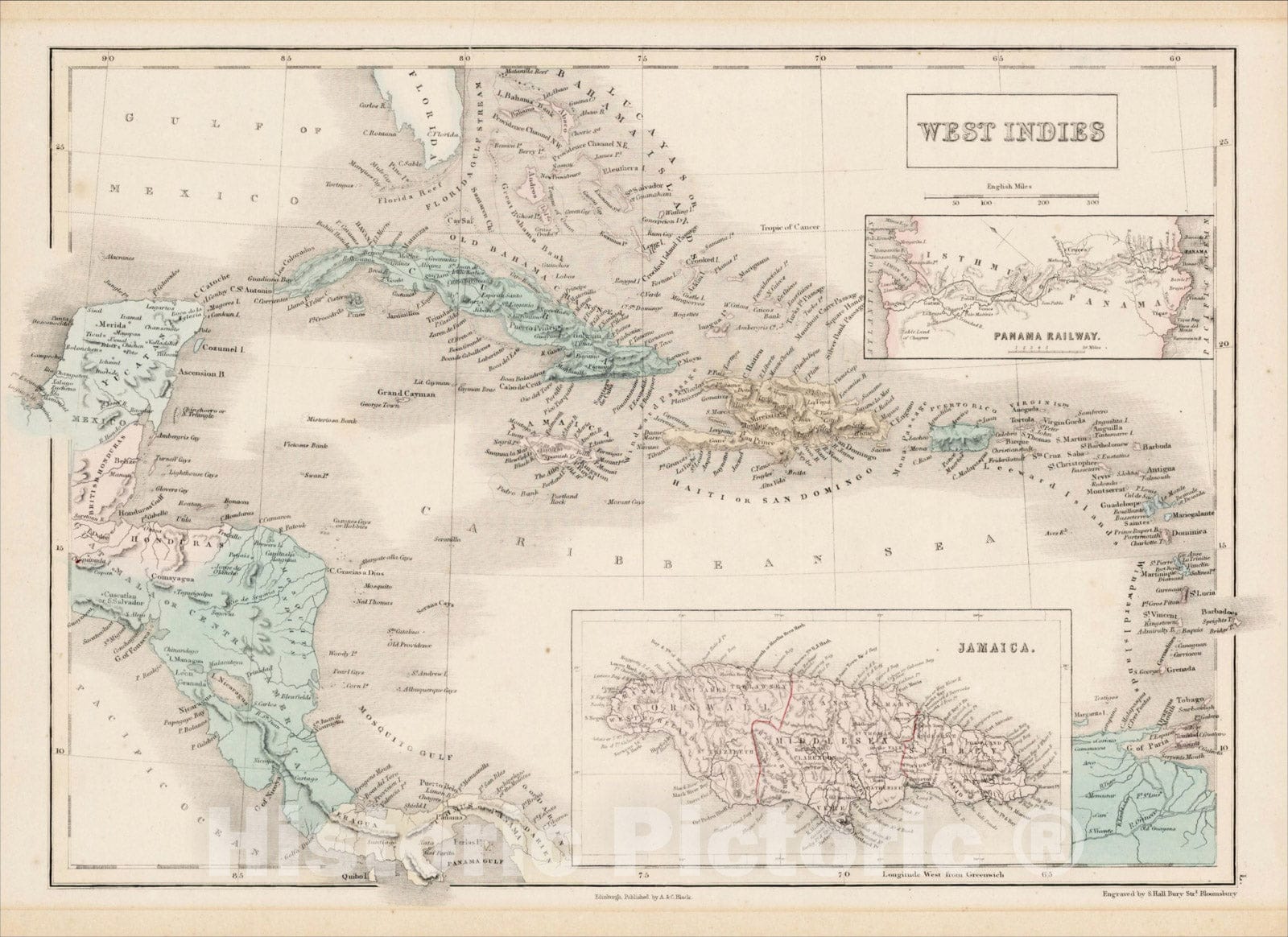 Historic Map : West Indies, 1845, Adam & Charles Black, Vintage Wall Art