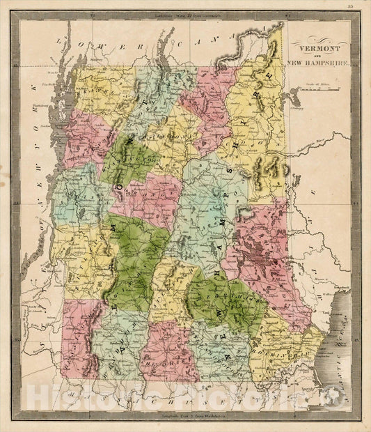 Historic Map : Vermont and New Hampshire, 1838, Jeremiah Greenleaf, Vintage Wall Art