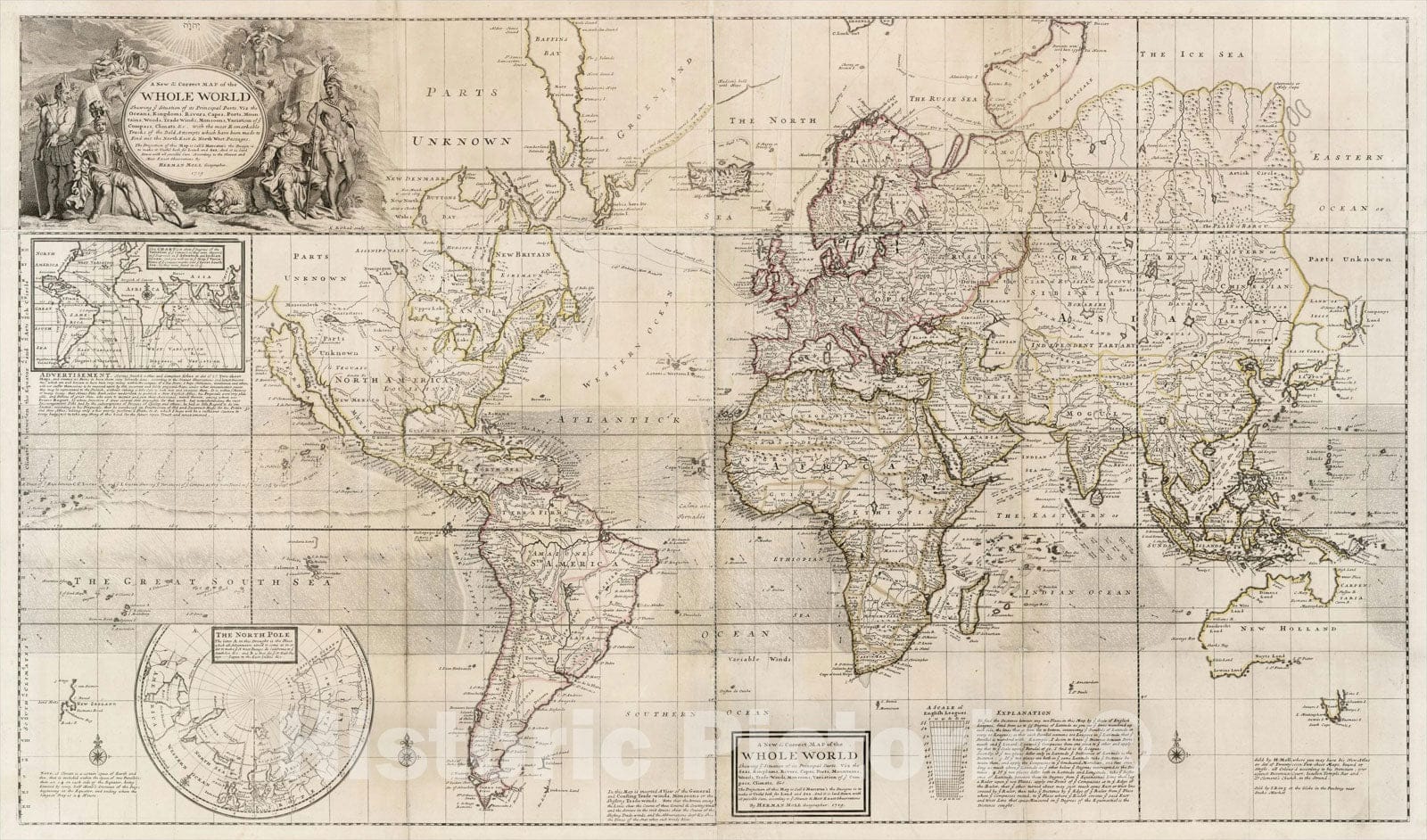 Historic Map : Map of the Whole World Shewing attempts which have been made to find out the North East & Northwest Passages, 1719, v2, Vintage Wall Art