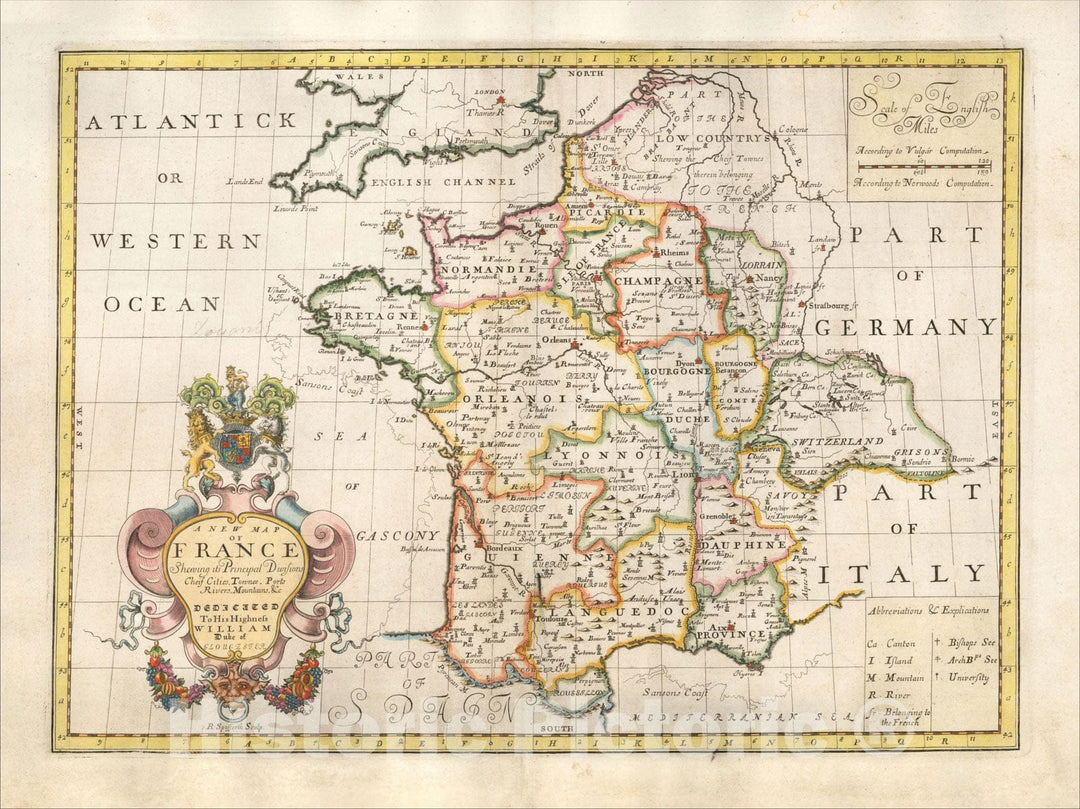 Historic Map : A New Map of France, c1700, Edward Wells, Vintage Wall Art