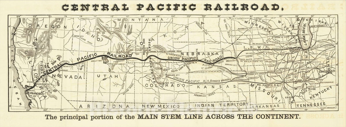 Historic Map : Central Pacific Railroad, 1868, Brown & Hewitt, Vintage Wall Art