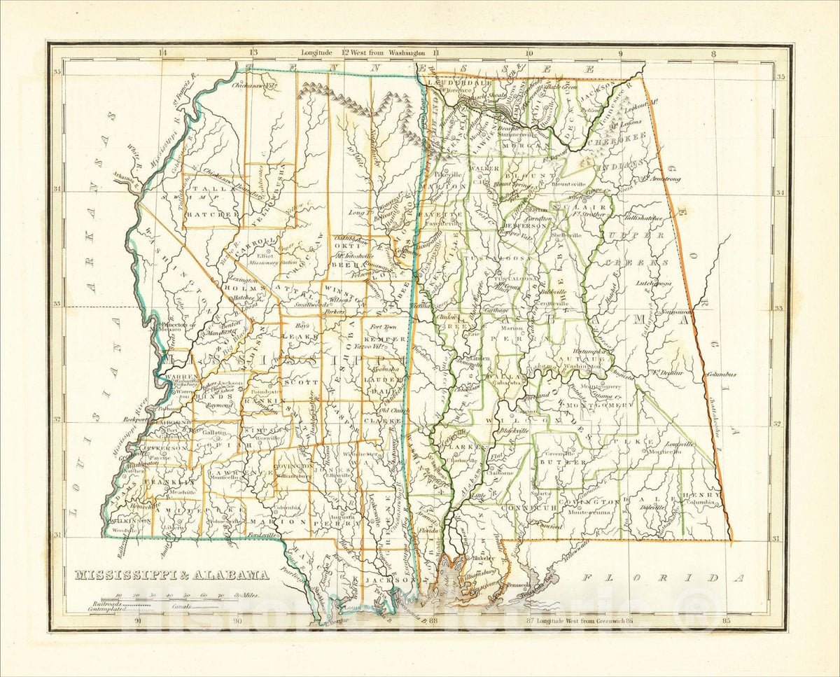 Historic Map : Mississippi and Alabama, 1835, Thomas Gamaliel Bradford, Vintage Wall Art