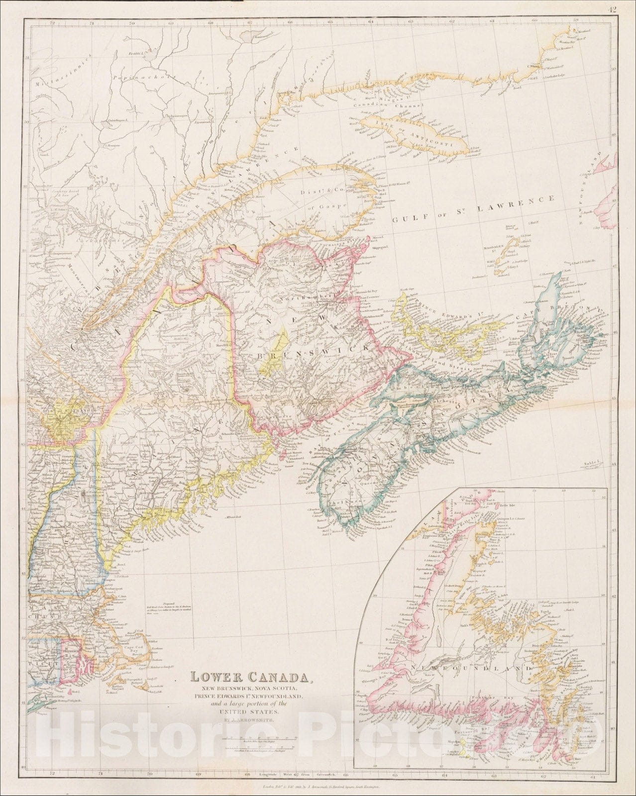 Historic Map : Lower Canada, New Brunswick, Nova Scotia, Prince Edward Id., Newfoundland, and a large portion of the United States, 1853, John Arrowsmith, Vintage Wall Art