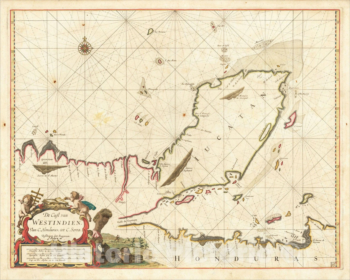 Historic Map : (Yucatan) De Cust van Westindien Van C. Honduras, tot C. Serra, 1675, Arent Roggeveen, Vintage Wall Art