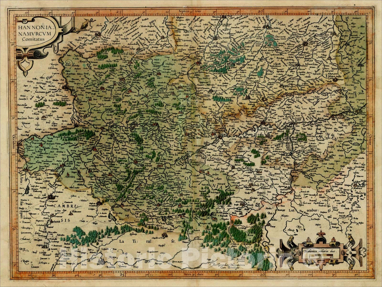 Historic Map : Hannonia Namurcum Comitatus (gold highlights), 1595, Gerard Mercator, Vintage Wall Art