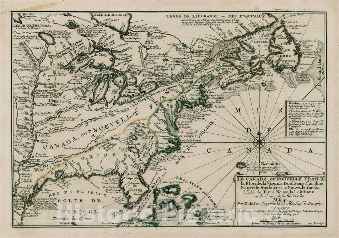 Historic Map : Le Canada, ou Nouvelle France, la Floride, La Virginie, Pensilvanie, Caroline, Nouvelle Angleterre et Nouvelle Yorck, 1702, , Vintage Wall Art