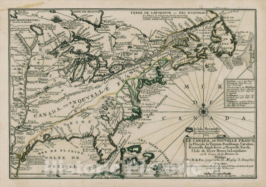 Historic Map : Le Canada, ou Nouvelle France, la Floride, La Virginie, Pensilvanie, Caroline, Nouvelle Angleterre et Nouvelle Yorck, 1702, , Vintage Wall Art