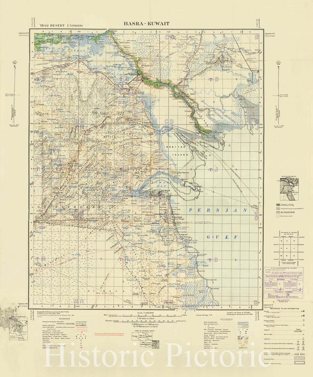 Historic Map : Basra-Kuwait (Air Ministry, Mar. 1948), 0, Geographical Section, War Office (UK), Vintage Wall Art