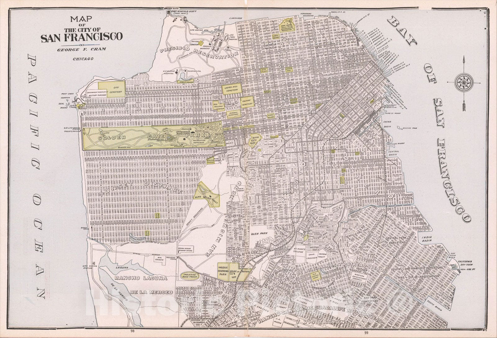Historic Map : Map of The City of San Francisco, c1892, George F. Cram, Vintage Wall Art