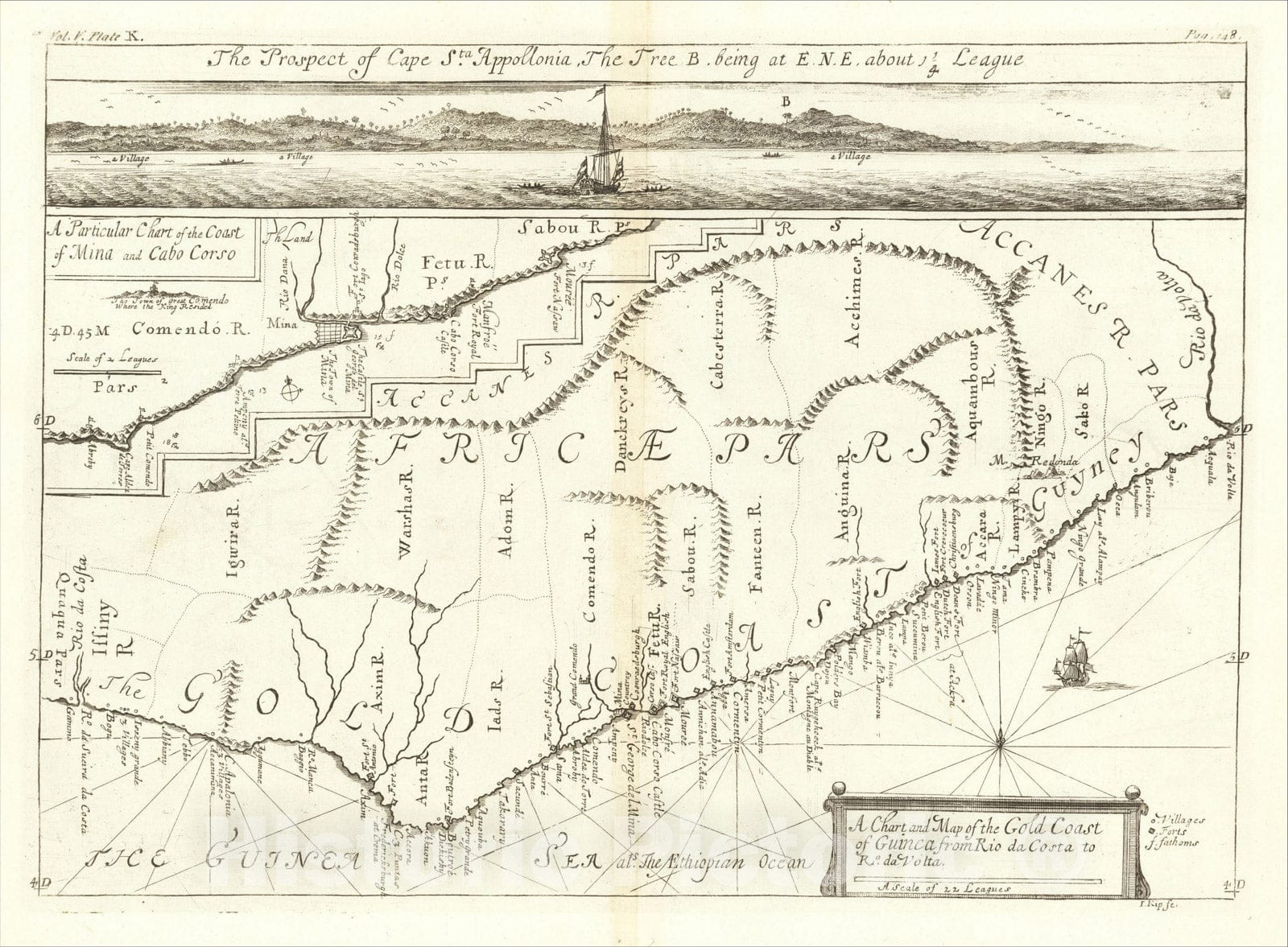 Historic Map : A Chart of the Gold Coast of Guinea from Rio da Costa to Rio da Volta [with a view of Cape Santa Appollonia], 1732, Johannes Kip, Vintage Wall Art