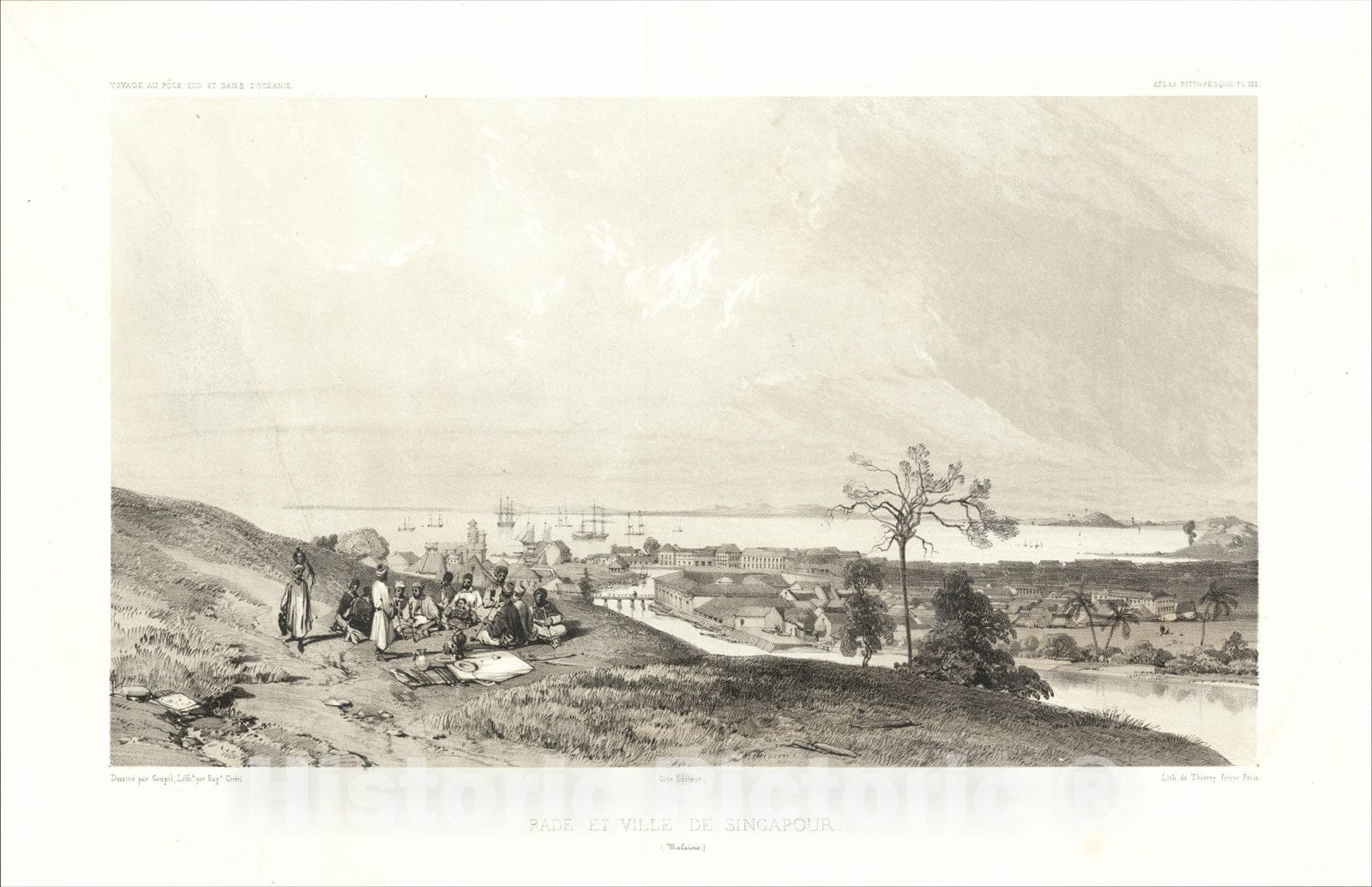 Historic Map : Rade et Ville de Sincapour (Malasie), 1846, Eugene Ciceri, Vintage Wall Art