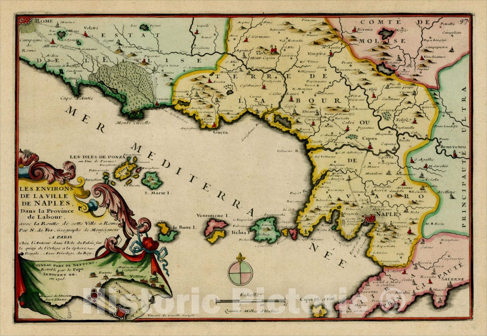 Historic Map : Les Environs De La Ville De Naples. Dans Le Province de Labour . . .175, 1705, Nicolas de Fer, v2, Vintage Wall Art