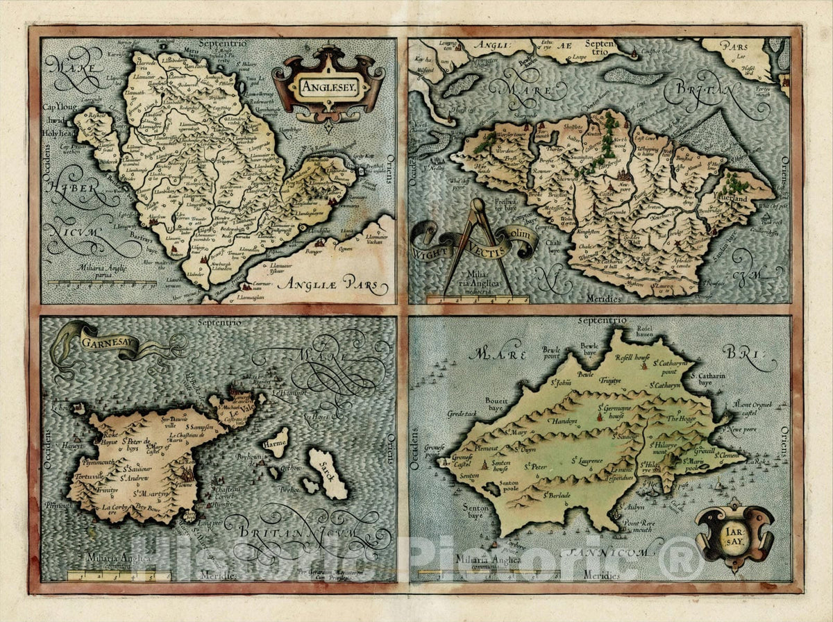 Historic Map : Anglesey with Wight Vectis olim with Garnesay with Iarsay, 1595, Gerard Mercator, Vintage Wall Art