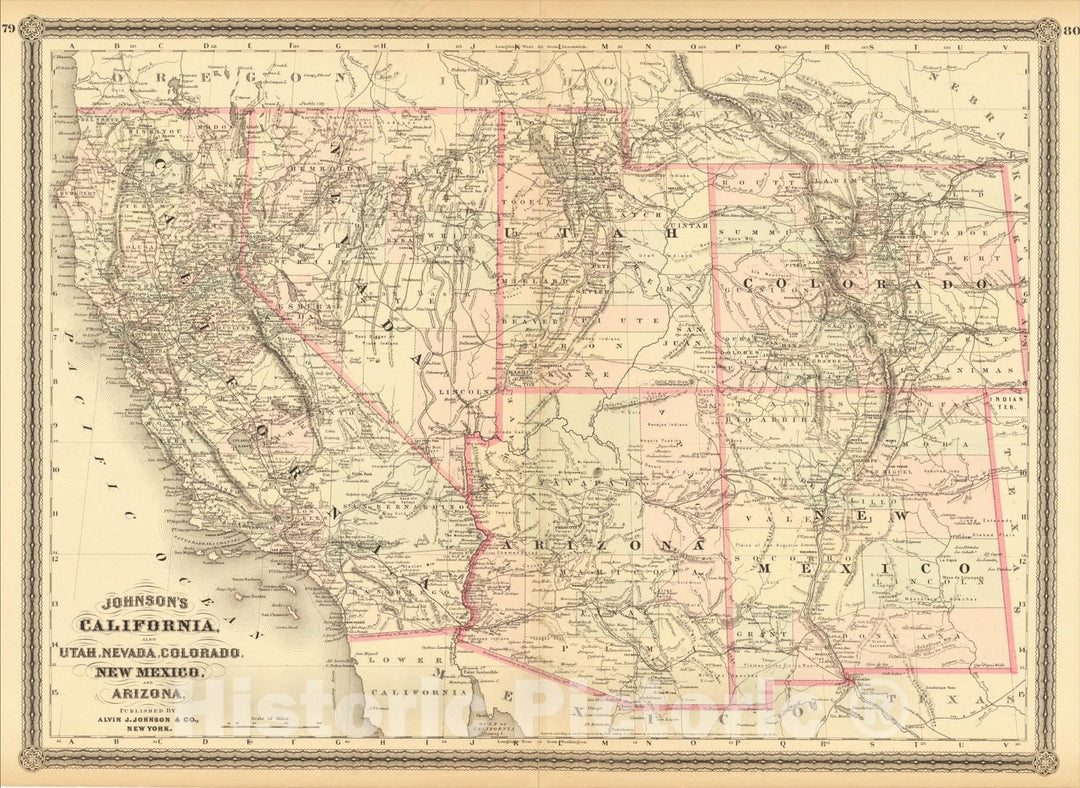 Historic Map : Johnson's California, Territories of New Mexico, Arizona, Colorado, Nevada and Utah, 1863, Benjamin P Ward, Vintage Wall Art