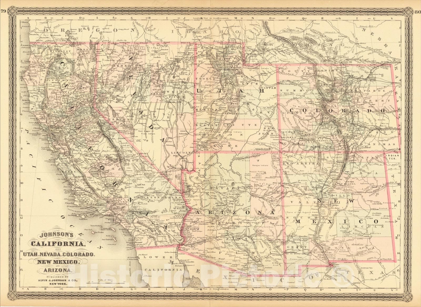 Historic Map : Johnson's California, Territories of New Mexico, Arizona, Colorado, Nevada and Utah, 1863, Benjamin P Ward, Vintage Wall Art