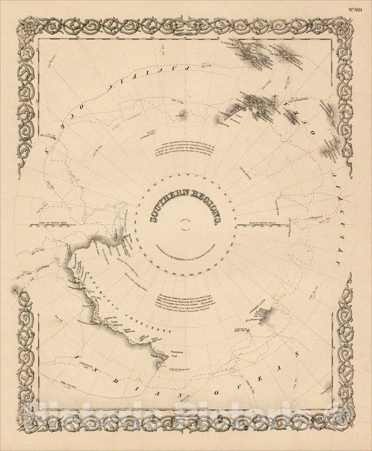 Historic Map : Southern Regions South Pole, 1856, Joseph Hutchins Colton, Vintage Wall Art