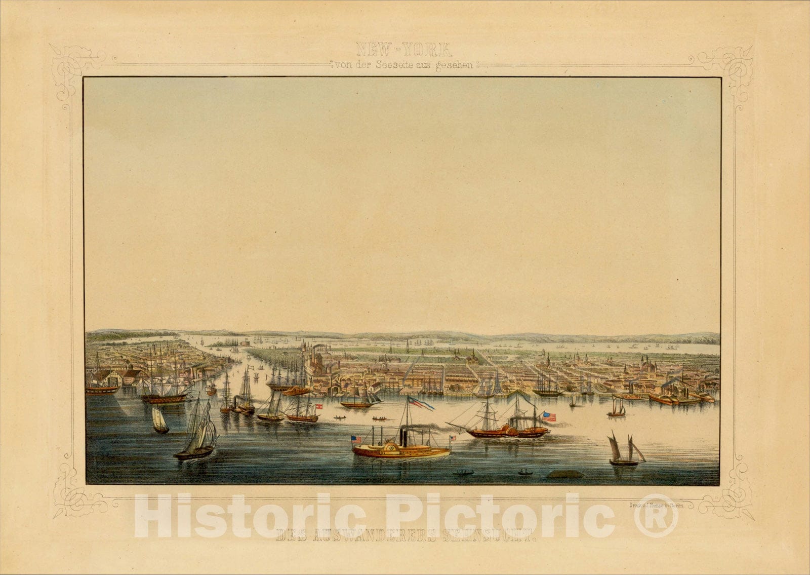 Historic Map : New-York von der Seeseite aus gesehen -- Des Auswanderers Sehnsuch, c1850, J. Hesse, Vintage Wall Art